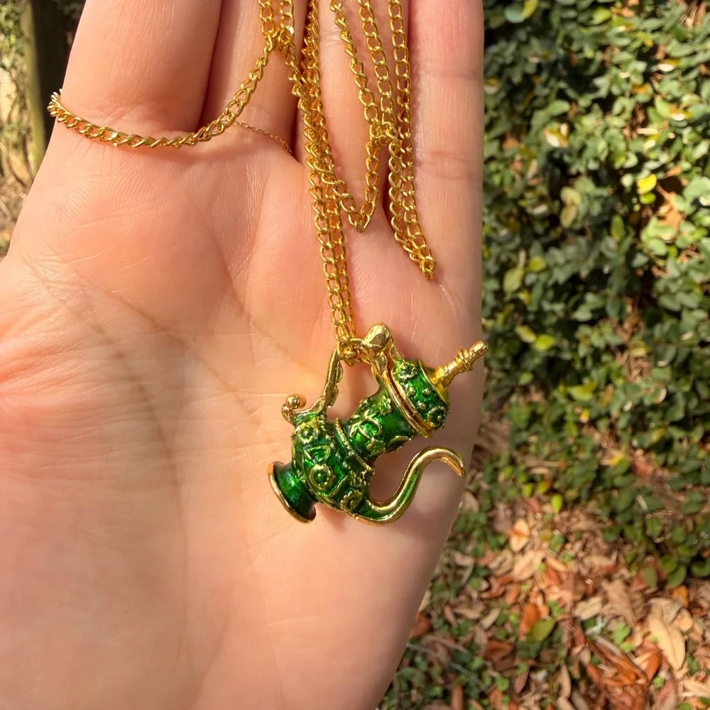 Gold Chain Necklace with Green Enamel Teapot Pendant